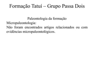 Formação Tatuí – Grupo Passa Dois
Paleontologia da formação
Micropaleontologia:
Não foram encontrados artigos relacionados ou com
evidências micropaleontológicos.

 
