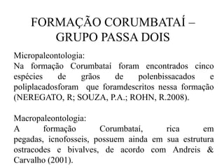 FORMAÇÃO CORUMBATAÍ –
GRUPO PASSA DOIS
Micropaleontologia:
Na formação Corumbataí foram encontrados cinco
espécies
de
grãos
de
polenbissacados
e
poliplacadosforam que foramdescritos nessa formação
(NEREGATO, R; SOUZA, P.A.; ROHN, R.2008).

Macropaleontologia:
A
formação
Corumbataí,
rica
em
pegadas, icnofosseis, possuem ainda em sua estrutura
ostracodes e bivalves, de acordo com Andreis &
Carvalho (2001).

 
