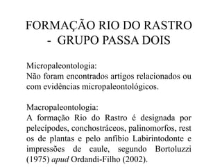 FORMAÇÃO RIO DO RASTRO
- GRUPO PASSA DOIS
Micropaleontologia:
Não foram encontrados artigos relacionados ou
com evidências micropaleontológicos.
Macropaleontologia:
A formação Rio do Rastro é designada por
pelecípodes, conchostráceos, palinomorfos, rest
os de plantas e pelo anfíbio Labirintodonte e
impressões de caule, segundo Bortoluzzi
(1975) apud Ordandi-Filho (2002).

 