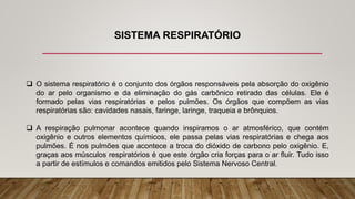 SISTEMA RESPIRATÓRIO
 O sistema respiratório é o conjunto dos órgãos responsáveis pela absorção do oxigênio
do ar pelo organismo e da eliminação do gás carbônico retirado das células. Ele é
formado pelas vias respiratórias e pelos pulmões. Os órgãos que compõem as vias
respiratórias são: cavidades nasais, faringe, laringe, traqueia e brônquios.
 A respiração pulmonar acontece quando inspiramos o ar atmosférico, que contém
oxigênio e outros elementos químicos, ele passa pelas vias respiratórias e chega aos
pulmões. É nos pulmões que acontece a troca do dióxido de carbono pelo oxigênio. E,
graças aos músculos respiratórios é que este órgão cria forças para o ar fluir. Tudo isso
a partir de estímulos e comandos emitidos pelo Sistema Nervoso Central.
 
