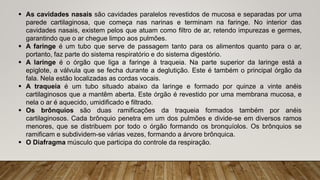  As cavidades nasais são cavidades paralelos revestidos de mucosa e separadas por uma
parede cartilaginosa, que começa nas narinas e terminam na faringe. No interior das
cavidades nasais, existem pelos que atuam como filtro de ar, retendo impurezas e germes,
garantindo que o ar chegue limpo aos pulmões.
 A faringe é um tubo que serve de passagem tanto para os alimentos quanto para o ar,
portanto, faz parte do sistema respiratório e do sistema digestório.
 A laringe é o órgão que liga a faringe à traqueia. Na parte superior da laringe está a
epiglote, a válvula que se fecha durante a deglutição. Este é também o principal órgão da
fala. Nela estão localizadas as cordas vocais.
 A traqueia é um tubo situado abaixo da laringe e formado por quinze a vinte anéis
cartilaginosos que a mantêm aberta. Este órgão é revestido por uma membrana mucosa, e
nela o ar é aquecido, umidificado e filtrado.
 Os brônquios são duas ramificações da traqueia formados também por anéis
cartilaginosos. Cada brônquio penetra em um dos pulmões e divide-se em diversos ramos
menores, que se distribuem por todo o órgão formando os bronquíolos. Os brônquios se
ramificam e subdividem-se várias vezes, formando a árvore brônquica.
 O Diafragma músculo que participa do controle da respiração.
 