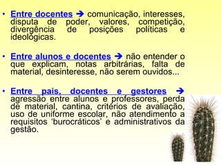 Entre docentes     comunicação, interesses, disputa de poder, valores, competição, divergência de posições políticas e ideológicas. Entre alunos e docentes     não entender o que explicam, notas arbitrárias, falta de material, desinteresse, não serem ouvidos... Entre pais, docentes e gestores     agressão entre alunos e professores, perda de material, cantina, critérios de avaliação, uso de uniforme escolar, não atendimento a requisitos ‘burocráticos’ e administrativos da gestão.  