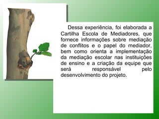 Dessa experiência, foi elaborada a Cartilha Escola de Mediadores, que fornece informações sobre mediação de conflitos e o papel do mediador, bem como orienta a implementação da mediação escolar nas instituições de ensino e a criação da equipe que será responsável pelo desenvolvimento do projeto. 