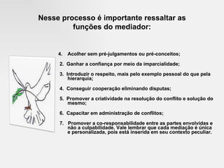 Acolher sem pré-julgamentos ou pré-conceitos; 2.  Ganhar a confiança por meio da imparcialidade; 3.  Introduzir o respeito, mais pelo exemplo pessoal do que pela hierarquia; 4.  Conseguir cooperação eliminando disputas; 5.  Promover a criatividade na resolução do conflito e solução do mesmo; 6.  Capacitar em administração de conflitos; 7.  Promover a co-responsabilidade entre as partes envolvidas e não a culpabilidade. Vale lembrar que cada mediação é única e personalizada, pois está inserida em seu contexto peculiar. Nesse processo é importante ressaltar as funções do mediador: 