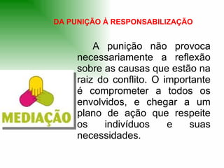 DA PUNIÇÃO À RESPONSABILIZAÇÃO A punição não provoca necessariamente a reflexão sobre as causas que estão na raiz do conflito. O importante é comprometer a todos os envolvidos, e chegar a um plano de ação que respeite os indivíduos e suas necessidades. 