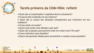Tarefa primeira da COM-VIDA: refletir
• Quais são as inquietações e angústias dos/as estudantes?
• O que já está mudando em seu entorno?
• Quais são as causas das situações emergenciais que vivenciam em seu
cotidiano?
• O que ainda vai mudar?
• Quem está sendo mais afetado e por quê?
• Quais são os grupos que parecem estar em maior risco? Por quê?
• Como enfrentar esses desafios?
• Quem são possíveis aliados para encaminhar e resolver essas questões?
 
