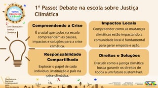 Vamos
transforma
r o Brasil
Com Educação e
Justiça
Climática
1º Passo: Debate na escola sobre Justiça
Climática
Compreendendo a Crise
É crucial que todos na escola
compreendam as causas,
impactos e soluções para a crise
climática.
Responsabilidade
Compartilhada
Explorar o papel de cada
indivíduo, instituição e país na
crise climática.
Impactos Locais
Compreender como as mudanças
climáticas estão impactando a
comunidade local é fundamental
para gerar empatia e ação.
Direitos e Soluções
Discutir como a justiça climática
busca garantir os direitos de
todos a um futuro sustentável.
 