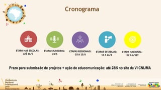 Cronograma
ETAPA NAS ESCOLAS:
ATÉ 16/5
ETAPA MUNICIPAL:
23/5
ETAPAS ESTADUAL:
15 A 26/6
ETAPAS REGIONAIS:
03 A 15/6
ETAPA NACIONAL:
02 A 6/SET
Prazo para submissão de projetos + ação de educomunicação: até 28/5 no site da VI CNIJMA
 