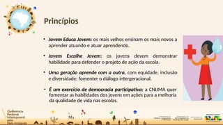 Princípios
• Jovem Educa Jovem: os mais velhos ensinam os mais novos a
aprender atuando e atuar aprendendo.
• Jovem Escolhe Jovem: os jovens devem demonstrar
habilidade para defender o projeto de ação da escola.
• Uma geração aprende com a outra, com equidade, inclusão
e diversidade: fomenter o diálogo intergeracional.
• É um exercício de democracia participativa: a CNIJMA quer
fomentar as habilidades dos jovens em ações para a melhoria
da qualidade de vida nas escolas.
 