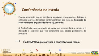 Conferência na escola
É neste momento que as escolas se envolvem em pesquisas, diálogos e
reflexões sobre as temáticas contemporâneas por meio da Comissão de
Meio Ambiente e Qualidade de Vida (Com-Vida).
A Conferência elege o projeto de ação que representará a escola, e o
delegado e suplente que vão defendê-lo nas etapas posteriores do
processo.
É a COM-VIDA que convoca a conferência na Escola
 