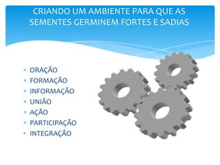 Reunir os jovens da comunidade e com eles seguir a caminhada Cristã em sintonia com o movimento jovem da Igreja Católica e com a própria comunidade.DEIXANDO O ESPÍRITO SANTO NOS CONDUZIR