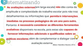 As avaliações externas (em larga escala) não dão conta da
amplitude e complexidade do trabalho escolar pois não traz
detalhamentos ou informações que permitam intervenções
imediatas no processo pedagógico de um ano para outro.
Portanto é necessário considerar as diferentes ferramentas
avaliativas disponíveis na escola, pois estas são capazes de
fornecer informações adicionais e qualificadas sobre as
práticas escolares, além de complementar e dialogar com a
avaliação externa
(Blasis, Falsarella e Alavarse, 2013)
 