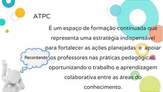 34
ATPC
É um espaço de formação continuada que
representa uma estratégia indispensável
para fortalecer as ações planejadas e apoiar
os professores nas práticas pedagógicas,
oportunizando o trabalho e aprendizagem
colaborativa entre as áreas do
conhecimento.
 