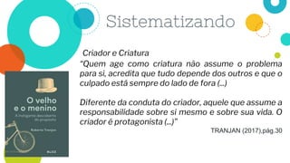 Criador e Criatura
“Quem age como criatura não assume o problema
para si, acredita que tudo depende dos outros e que o
culpado está sempre do lado de fora (...)
Diferente da conduta do criador, aquele que assume a
responsabilidade sobre si mesmo e sobre sua vida. O
criador é protagonista (...)”
TRANJAN (2017),pág.30
 