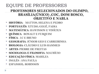 EQUIPE DE PROFESSORES
PROFESSORES SELECIONADOS DO OLIMPO,
BRASÍLIA(ÚNICO) ,COC, DOM BOSCO,
OBJETIVO E NABLA
 HISTÓRIA: MATTOS, HELENA E PEDRO
 PORTUGUÊS: XTUDO, GEGÊ, FADIA
 MATEMÁTICA: HAWINSON E VINÍCIUS
 QUÍMICA: RONALT E FURQUIM
 FÍSICA: J.C E BRUNO
 GEOGRAFIA: JÚNIOR GEO E CARREIRINHA
 BIOLOGIA: CLÁUDIO E LUIS HAMMED
 ARTES: PIERRE DE FREITAS
 SOCIOLOGIA E FILOSOFIA: MAURÍCIO
 EDUCAÇÃO FÍSICA: MARILZA
 INGLÊS : ANA PAULA
 ESPANHOL: ROBINSON
 