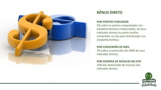 POR PONTOS FIDELIDADE
5% sobre os pontos conquistados nos
estabelecimentos credenciados, de seus
indicados diretos ou pelos cartões
comprados no site para distribuição nos
estabelecimentos;
POR CONVERSÃO DE MDS
1% sobre a conversão dos MDS de seus
indicados diretos;
POR COMPRA DE MÚSICAS NO SITE
10% dos downloads de músicas dos
indicados diretos
BÔNUS DIRETO
 