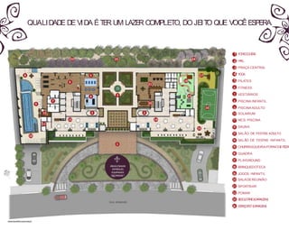 QUALIDADE DE VIDA ÉTER UM LAZER COMPLETO, DO JEITO QUE VOCÊESPERA.
20 SALADEREUNIÃO
21 SPORTBAR
22 POMAR
1 PORT-COCHÈRE
2 HALL
3 PRAÇA CENTRAL
4 YOGA
5 PILATES
6 FITNESS
7 VESTIÁRIOS
8 PISCINA INFANTIL
9 PISCINA ADULTO
12 SAUNA
13 SALÃO DE FESTAS ADULTO
14 SALÃO DE FESTAS INFANTIL
15 CHURRASQUEIRA/FORNODEPIZZA
16 QUADRA
17 PLAYGROUND
18 BRINQUEDOTECA
19 JOGOS INFANTIL
23 BICICLETÁRIO(GARAGEM)
24 ESPAÇOPET(GARAGEM)
10 SOLARIUM
11 WCS PISCINA
PERSPECTIVAARTÍSTICADAIMPLANTAÇÃO
1
2 2
34
5
6
7
8
9
10
11
12
13 14
20
21
22 2423
15
16
17
18
19
ÁREASCOMUNS
ENTREGUES
EQUIPADASE
DECORADAS.*
 