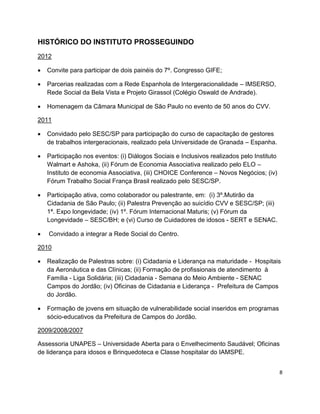 HISTÓRICO DO INSTITUTO PROSSEGUINDO
2012

   Convite para participar de dois painéis do 7º. Congresso GIFE;

   Parcerias realizadas com a Rede Espanhola de Intergeracionalidade – IMSERSO,
    Rede Social da Bela Vista e Projeto Girassol (Colégio Oswald de Andrade).

   Homenagem da Câmara Municipal de São Paulo no evento de 50 anos do CVV.

2011

   Convidado pelo SESC/SP para participação do curso de capacitação de gestores
    de trabalhos intergeracionais, realizado pela Universidade de Granada – Espanha.

   Participação nos eventos: (i) Diálogos Sociais e Inclusivos realizados pelo Instituto
    Walmart e Ashoka, (ii) Fórum de Economia Associativa realizado pelo ELO –
    Instituto de economia Associativa, (iii) CHOICE Conference – Novos Negócios; (iv)
    Fórum Trabalho Social França Brasil realizado pelo SESC/SP.

   Participação ativa, como colaborador ou palestrante, em: (i) 3º.Mutirão da
    Cidadania de São Paulo; (ii) Palestra Prevenção ao suicídio CVV e SESC/SP; (iii)
    1ª. Expo longevidade; (iv) 1º. Fórum Internacional Maturis; (v) Fórum da
    Longevidade – SESC/BH; e (vi) Curso de Cuidadores de idosos - SERT e SENAC.

   Convidado a integrar a Rede Social do Centro.

2010

   Realização de Palestras sobre: (i) Cidadania e Liderança na maturidade - Hospitais
    da Aeronáutica e das Clínicas; (ii) Formação de profissionais de atendimento à
    Família - Liga Solidária; (iii) Cidadania - Semana do Meio Ambiente - SENAC
    Campos do Jordão; (iv) Oficinas de Cidadania e Liderança - Prefeitura de Campos
    do Jordão.

   Formação de jovens em situação de vulnerabilidade social inseridos em programas
    sócio-educativos da Prefeitura de Campos do Jordão.

2009/2008/2007

Assessoria UNAPES – Universidade Aberta para o Envelhecimento Saudável; Oficinas
de liderança para idosos e Brinquedoteca e Classe hospitalar do IAMSPE.


                                                                                            8
 