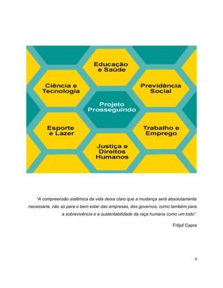 “A compreensão sistêmica da vida deixa claro que a mudança será absolutamente
necessária, não só para o bem estar das empresas, dos governos, como também para
               a sobrevivência e a sustentabilidade da raça humana como um todo”.

                                                                     Fritjof Capra




                                                                                9
 