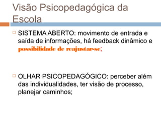 Visão Psicopedagógica da
Escola
   SISTEMA ABERTO: movimento de entrada e
    saída de informações, há feedback dinâmico e
    possibilidade de reajustar-se;



   OLHAR PSICOPEDAGÓGICO: perceber além
    das individualidades, ter visão de processo,
    planejar caminhos;
 
