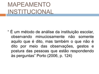 MAPEAMENTO
INSTITUCIONAL


“ É um método de análise da instituição escolar,
  observando minuciosamente não somente
  aquilo que é dito, mas também o que não é
  dito por meio das observações, gestos e
  postura das pessoas que estão respondendo
  às perguntas” Porto (2006, p. 124)
 