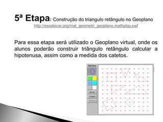 5ª Etapa: Construção do triangulo retângulo no Geoplano
http://escolovar.org/mat_geometri_geoplano.mathplay.swf
Para essa etapa será utilizado o Geoplano virtual, onde os
alunos poderão construir triângulo retângulo calcular a
hipotenusa, assim como a medida dos catetos.
 