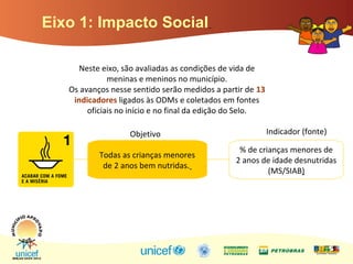 Eixo 1: Impacto Social
Neste eixo, são avaliadas as condições de vida de
meninas e meninos no município.
Os avanços nesse sentido serão medidos a partir de 13
indicadores ligados às ODMs e coletados em fontes
oficiais no início e no final da edição do Selo.
Todas as crianças menores
de 2 anos bem nutridas.
% de crianças menores de
2 anos de idade desnutridas
(MS/SIAB)
Objetivo Indicador (fonte)
 