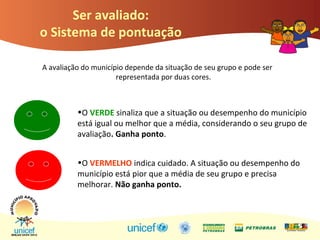 Ser avaliado:
o Sistema de pontuação
A avaliação do município depende da situação de seu grupo e pode ser
representada por duas cores.
•O VERDE sinaliza que a situação ou desempenho do município
está igual ou melhor que a média, considerando o seu grupo de
avaliação. Ganha ponto.
•O VERMELHO indica cuidado. A situação ou desempenho do
município está pior que a média de seu grupo e precisa
melhorar. Não ganha ponto.
 