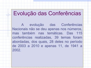 Evolução das Conferências
A evolução das Conferências
Nacionais não se deu apenas nos números,
mas também nas temáticas. Das 115
conferências realizadas, 39 temas foram
abordadas, dos quais, 28 deles no período
de 2003 a 2010 e apenas 11, de 1941 a
2002.
 