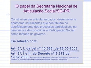 O papel da Secretaria Nacional de
Articulação Social/SG-PR
Constitui-se em articular espaços, desenvolver e
aprimorar instrumentos que contribuam no
aperfeiçoamento dos processos participativos na
perspectiva de consolidar a Participação Social
como método de governo.
Em relação com:
Art. 3º, I, da Lei nº 10.683, de 28.05.2003
(Dispõe sobre a organização da Presidência da República e dos Ministérios, e dá outras providências. )
Art. 6º, I e II, do Decreto nº 6.378 de
19.02.2008 (Aprova a Estrutura Regimental e o Quadro Demonstrativo dos Cargos em
Comissão da Secretaria-Geral da Presidência da República, e dá outras providências. )
 