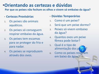 •Orientando as certezas e dúvidas
 Por que os peixes não fecham os olhos e vivem só embaixo da água?

• Certezas Provisórias            • Dúvidas Temporárias
1. Os peixes são animais          1. Como é um peixe?

    aquáticos.                    2. Será que um peixe dorme?

2. Os peixes só conseguem         3. Peixes só vivem embaixo

    respirar embaixo da água.         da água?
                                  4. Quantos ovos um peixe
3. Os peixes tem escamas
                                      fêmea pode botar?
    para se proteger do frio e
                                  5. Qual é o tipo de
    para nadar.
                                      alimentação dos peixes?
4. Os peixes se reproduzem
                                  6. Como os peixes respiram
    através dos ovos.                 em baixo da água?
 