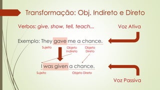Exemplo: They gave me a chance.
Transformação: Obj. Indireto e Direto
I was given a chance.
Voz Ativa
Objeto
Indireto
Objeto Direto
Sujeito
Verbos: give, show, tell, teach...
Objeto
Direto
Voz Passiva
Sujeito
 