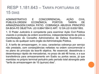 RESP 1.181.643 – TARIFA PORTUÁRIA DE
15 DIAS
ADMINISTRATIVO     E     CONCORRENCIAL.         AÇÃO       CIVIL
PÚBLICA.ORDEM     ECONÔMICA.        PORTOS.      TARIFA      DE
ARMAZENAGEM.CARGA PÁTIO. COBRANÇA ABUSIVA PRINCÍPIO
DA BOA-FÉ OBJETIVA. LEI 8.884/1994 E ART. 12 DA LEI 8.630/1993.
1. O Poder Judiciário é competente para examinar Ação Civil Pública
visando à proteção da ordem econômica, independentemente de prévia
manifestação do Conselho Administrativo de Defesa Econômica –
Cade ou de qualquer outro órgão da Administração Pública.
2. A tarifa de armazenagem, in casu, caracteriza cobrança por serviço
não prestado, com conseqüências nefastas na ordem concorrencial e
no plano do princípio da boa-fé objetiva. No essencial, desestimula o
desembaraço rápido de mercadorias, no prazo de até 48 horas, e a sua
transferência para armazenamento em Eadis ou portos secos, já que
mantidas no próprio terminal portuário pelo período total abrangido pela
"tarifa de armazenagem de 15 (quinze) dias".
 