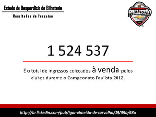 1 524 537
                              à venda
É o total de ingressos colocados            pelos
    clubes durante o Campeonato Paulista 2012.
 
