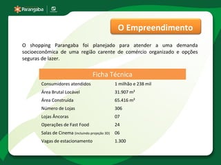 O Empreendimento
O shopping Parangaba foi planejado para atender a uma demanda
socioeconômica de uma região carente de comércio organizado e opções
seguras de lazer.


                                    Ficha Técnica
       Consumidores atendidos                    1 milhão e 238 mil
       Área Brutal Locável                       31.907 m²
       Área Construída                           65.416 m²
       Número de Lojas                           306
       Lojas Âncoras                             07
       Operações de Fast Food                    24
       Salas de Cinema (incluindo projeção 3D)   06
       Vagas de estacionamento                   1.300
 