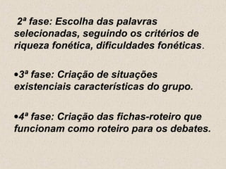 2ª fase: Escolha das palavras
selecionadas, seguindo os critérios de
riqueza fonética, dificuldades fonéticas.

•3ª fase: Criação de situações
existenciais características do grupo.

•4ª fase: Criação das fichas-roteiro que
funcionam como roteiro para os debates.
 
