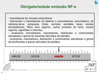 - importadores de veículos automotores;  fabricantes e importadores de baterias e acumuladores, pneumáticos, de câmaras-de-ar, autopeças, tintas, vernizes, esmaltes, lacas, resinas termoplásticas, filtros para cigarros, outros produtos do fumo, exceto cigarros, cigarrilhas e charutos; produtores, formuladores, importadores, distribuidor e comerciantes atacadistas a granel de solventes derivados de petróleo; produtores, importadores, distribuidor e comerciantes atacadistas a granel de lubrificantes e graxas derivados de petróleo; Obrigatoriedade emissão NF-e ABR/08 DEZ/08 ABR/09 SET/09 