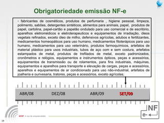 fabricantes de cosméticos, produtos de perfumaria , higiene pessoal, limpeza, polimento, sabões, detergentes sintéticos, alimentos para animais, papel,  produtos de papel, cartolina, papel-cartão e papelão ondulado para uso comercial e de escritório, aparelhos eletromédicos e eletroterapeuticos e equipamentos de irradiação, óleos vegetais refinados, exceto óleo de milho, defensivos agrícolas, adubos e fertilizantes, medicamentos homeopáticos para uso humano, medicamentos fitoterápicos para uso humano, medicamentos para uso veterinário, produtos farmoquímicos, artefatos de material plástico para usos industriais, tubos de aço com e sem costura, artefatos estampados de metal, produtos de trefilados de metal, exceto padronizados, cronômetros e relógios, equipamentos e instrumentos ópticos, peças e acessórios, equipamentos de transmissão ou de rolamentos, para fins industriais, máquinas, equipamentos e aparelhos para transporte e elevação de cargas, peças e acessórios, aparelhos e equipamentos de ar condicionado para uso não-industrial, artefatos de joalheria e ourivesaria, tratores, peças e acessórios, exceto agrícolas; Obrigatoriedade emissão NF-e ABR/08 DEZ/08 ABR/09 SET/09 