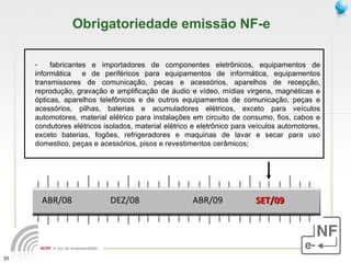 fabricantes e importadores de componentes eletrônicos, equipamentos de informática  e de periféricos para equipamentos de informática, equipamentos transmissores de comunicação, pecas e acessórios, aparelhos de recepção, reprodução, gravação e amplificação de áudio e vídeo, mídias virgens, magnéticas e ópticas, aparelhos telefônicos e de outros equipamentos de comunicação, peças e acessórios, pilhas, baterias e acumuladores elétricos, exceto para veículos automotores, material elétrico para instalações em circuito de consumo, fios, cabos e condutores elétricos isolados, material elétrico e eletrônico para veículos automotores, exceto baterias, fogões, refrigeradores e maquinas de lavar e secar para uso domestico, peças e acessórios, pisos e revestimentos cerâmicos; Obrigatoriedade emissão NF-e ABR/08 DEZ/08 ABR/09 SET/09 