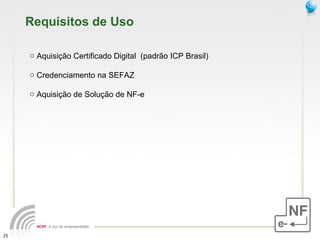Requisitos de Uso Aquisição Certificado Digital  (padrão ICP Brasil) Credenciamento na SEFAZ Aquisição de Solução de NF-e 