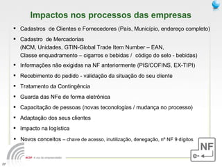 Impactos nos processos das empresas Cadastros  de Clientes e Fornecedores (País, Município, endereço completo)  Cadastro  de Mercadorias  (NCM, Unidades,  GTIN-Global Trade Item Number – EAN, Classe enquadramento – cigarros e bebidas /  código do selo - bebidas) Informações não exigidas na NF anteriormente (PIS/COFINS, EX-TIPI) Recebimento do pedido - validação da situação do seu cliente Guarda das NFe de forma eletrônica Tratamento da Contingência Impacto na logística Adaptação dos seus clientes Capacitação de pessoas (novas teconologias / mudança no processo) Novos conceitos  – chave de acesso, inutilização, denegação, nº NF 9 dígitos 