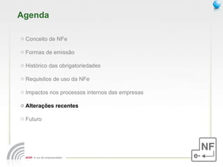 Agenda Conceito de NFe  Formas de emissão Histórico das obrigatoriedades Requisitos de uso da NFe Impactos nos processos internos das empresas Alterações recentes Futuro 