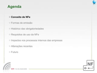 Agenda Conceito de NFe  Formas de emissão Histórico das obrigatoriedades Requisitos de uso da NFe Impactos nos processos internos das empresas Alterações recentes Futuro 