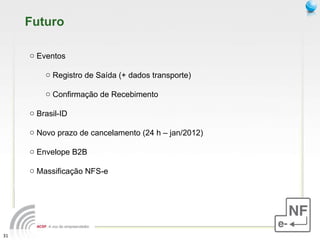 Futuro Eventos Registro de Saída (+ dados transporte) Confirmação de Recebimento  Brasil-ID Novo prazo de cancelamento (24 h – jan/2012) Envelope B2B Massificação NFS-e 