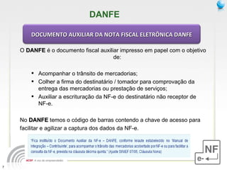 DANFE O  DANFE  é o documento fiscal auxiliar impresso em papel com o objetivo de: Acompanhar o trânsito de mercadorias; Colher a firma do destinatário / tomador para comprovação da entrega das mercadorias ou prestação de serviços; Auxiliar a escrituração da NF-e do destinatário não receptor de NF-e. No  DANFE  temos o código de barras contendo a chave de acesso para facilitar e agilizar a captura dos dados da NF-e. DOCUMENTO AUXILIAR DA NOTA FISCAL ELETRÔNICA DANFE 
