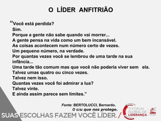 O LÍDER ANFITRIÃO 
“Você está perdida? 
Sim. 
Porque a gente não sabe quando vai morrer... 
A gente pensa na vida como um bem incansável. 
As coisas acontecem num número certo de vezes. 
Um pequeno número, na verdade. 
Por quantas vezes você se lembrou de uma tarde na sua 
infância... 
Uma tarde tão comum mas que você não poderia viver sem ela. 
Talvez umas quatro ou cinco vezes. 
Talvez nem isso. 
Quantas vezes você foi admirar a lua? 
Talvez vinte. 
E ainda assim parece sem limites.” 
Fonte: BERTOLUCCI, Bernardo. 
O céu que nos protege. 
 