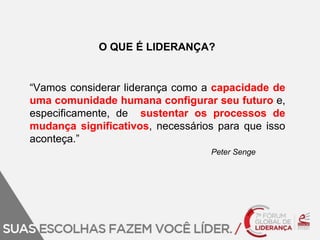 O QUE É LIDERANÇA? 
“Vamos considerar liderança como a capacidade de 
uma comunidade humana configurar seu futuro e, 
especificamente, de sustentar os processos de 
mudança significativos, necessários para que isso 
aconteça.” 
Peter Senge 
 