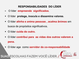 RESPONSABILIDADES DO LÍDER 
 O líder empreende significados. 
 O líder protege, inocula e dissemina valores. 
 O líder alinha e anima pessoas , acalma ânimos em 
busca de propósitos significativos. 
 O líder cuida do outro. 
 O líder contribui para as vidas dos outros valerem a 
pena. 
 O líder age como servidor da co-responsabilidade 
 