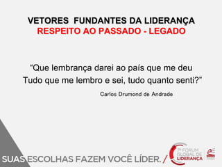 VETORES FUNDANTES DA LIDERANÇA 
RESPEITO AO PASSADO - LEGADO 
“Que lembrança darei ao país que me deu 
Tudo que me lembro e sei, tudo quanto senti?” 
Carlos Drumond de Andrade 
 
