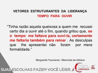 VETORES ESTRUTURANTES DA LIDERANÇA 
TEMPO PARA OUVIR 
“Tinha razão aquela queixosa a quem me recusei 
certo dia a ouvir até o fim, quando gritou que, se 
o tempo me faltava para ouvi-la, certamente 
me faltaria também para reinar . As desculpas 
que lhe apresentei não foram por mera 
formalidade.” 
Marguerite Yourcenar:- Memórias de Adriano 
9 
 